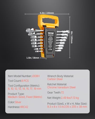 VEVOR Combination Wrench Set, 8-Piece Ratcheting Wrench Set with Organizer Rack, Cr-V Steel, Metric 8 mm to 19 mm, Ideal for General Household, Garage, Workshop, Auto Repairs, Emergency - size: 8PCS (Metric), style: Regular