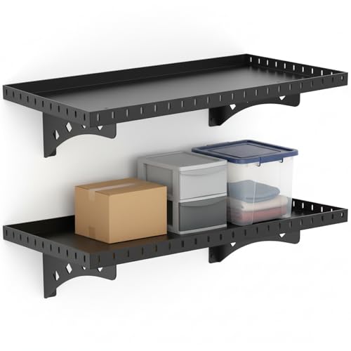 2 Pack Garage Wall Shelf, 1X2 Ft Heavy Duty Shelving, for Garage, Power Tools, Toolbox, Storage Shelves with for Workshop Office, Holds Up to 100 Lbs (Black)