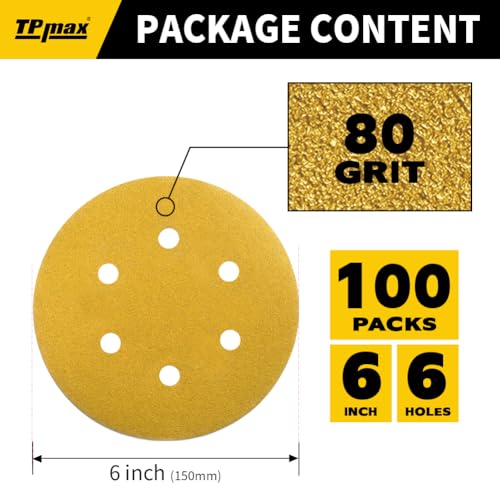 100PCS 6 Inch 80 Grit 150mm 6 Hole Sanding Discs Sandpaper - Premium Gold Round Hook and Loop for Random Orbital Sander - Ideal for Wood, Metal, Automotive - style: 80 Grit - 100 Pack
