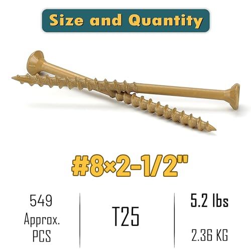 WELLOCKS #8 x 2-1/2 in Tan Deck Screws, 5.2 lbs with T25 Bit - size: #8×2-1/2", style: 5.2LBS Tan