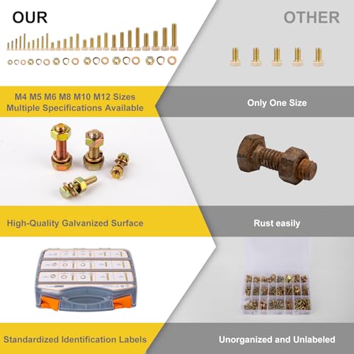 1085pcs Metric Bolt Assortment Kit -8.8 Grade, M4 M5 M6 M8 M10 M12 Heavy Duty Hex Bolts, Nuts Kit with Universal Socket, Yellow Zinc Plating, Durable Storage Case for DIY, Automotive, Length:12-40mm - size: M4 M5 M6 M8 M10 M12-1085pcs