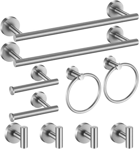 Brushed Nickel Bathroom Hardware Set, 24 Inch Towel Bar Set 10 Pieces Bathroom Accessories Set Includes Includes 2 Packs 24 Inch Towel Bar, Towel Ring, Toilet Holder and 4 Packs Towel Hooks - color: Brushed Nickel-10pcs-24inch