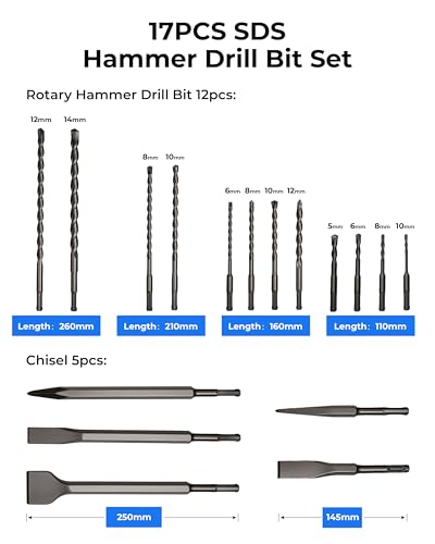 toolant Rotary Hammer Drill Bits Set with Chisels-Masonry Drill Bit Set,SDS Plus 17PCS Concrete Masonry Hole Tool with Storage Case for Concrete, Stone, Brick - size: 17PCS with chisels