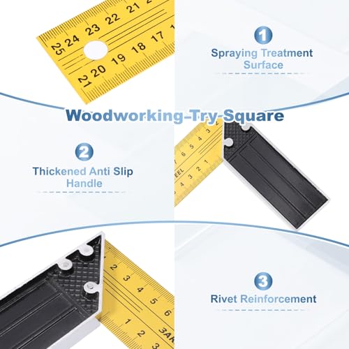 HARFINGTON 2Pcs Woodworking Square Ruler 10" Carbon Steel Try Square Metric Precision Framing Carpenter Tool Right Angle Ruler with Aluminium Handle for Professional Carpentry, Yellow Black - size: 10"