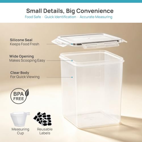 Vtopmart 3 PCS Flour and Sugar Storage Container Sets for Beginner Bakers | BPA Free, Airtight Seal, Dishwasher Safe (Not Lids), 5.2L for 5 lb Flour, 2.5L for 3 lb Sugar, with Label, Scoop - size: 3 Pack