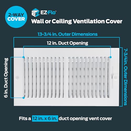 EZ-FLO 12 x 6 Inch (Duct Opening) Air Vent Cover for Wall or Ceiling, Two-Way Ventilation Register, Solid Steel HVAC Register Cover, White, 61612 - size: 12 in. x 6 in.