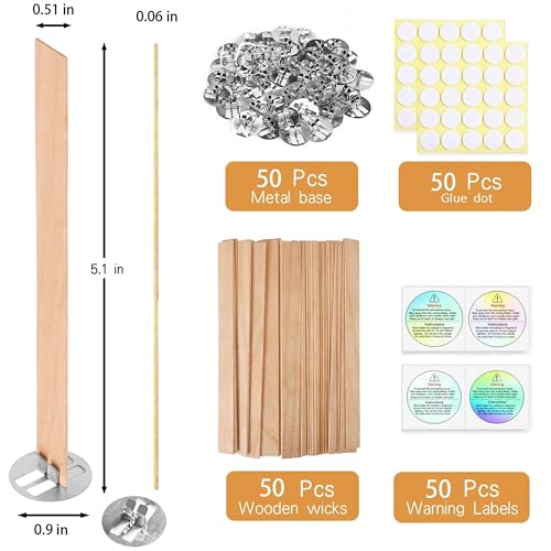 200 Pcs Thicked Wood Candle Wicks for Candle Making, 5.1 X 0.51X 0.06 Inch Upgrade Wood Wicks, Wooden Wicks Box Includes Iron Stander, Glue Dot, and Warning Labels (50 Sets)