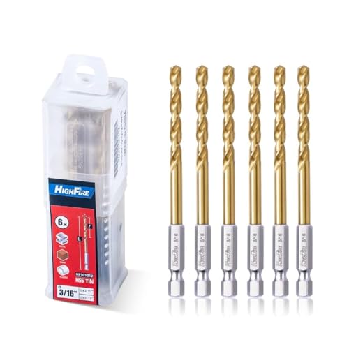 HIGHFIRE 3/16 Inch Twist Drill Bits - HSS Sharp Hex Shank, TiN Coated for Metal - Steel, Copper, Aluminum, Zinc Alloy (6 PCS Same Size in One Pack) - size: 3/16"(6pcs)