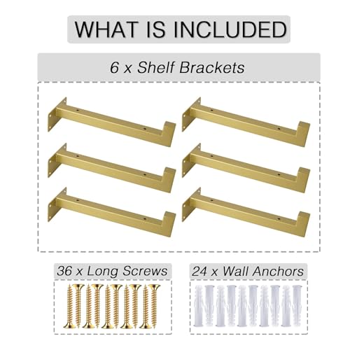 OVOV 6 Pack 8 Inch Gold Shelf Brackets with Lip Wall Shelf Brackets - color: Gold, size: 8 Inch