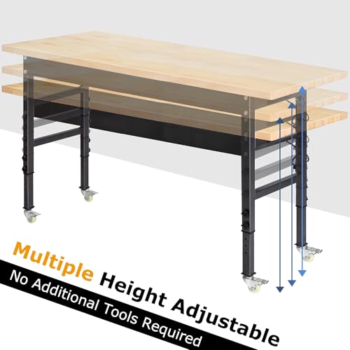 60" Adjustable Work Bench, Rubber Wood Top Workbench - size: 60 inches (with socket and wheels)