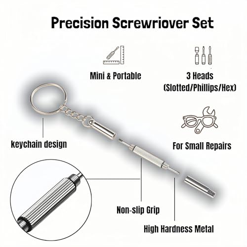 Glasses Repair Kit, 2-Pack 3-in-1 Precision Screwdriver Set with Keychain, Mini Stainless Steel Screwdriver Tool for Eyeglasses, Sunglasses, Phone, Watch, Laptop, and Jewelry (Flathead, Phillips, Hex)