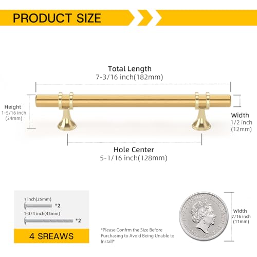 Rergy 10 Pack 5 Inch Hole Center Gold Handles for Cabinets Kitchen Pulls - color: Gold, size: 5-1/16in Hole Center(128mm)