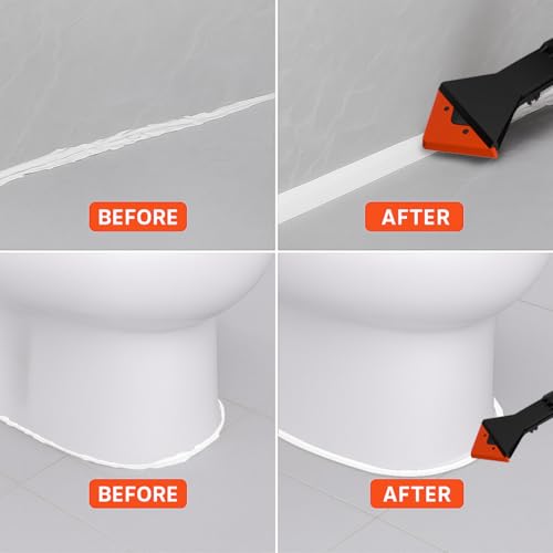 3 in 1 Caulking Tool with 6 Silicone Tips – Sealant Finishing & Caulk Remover, Stainless Steel Head, Mastic Remover & Angle Scraper for Bathroom, Kitchen, Floor, Window, Sink