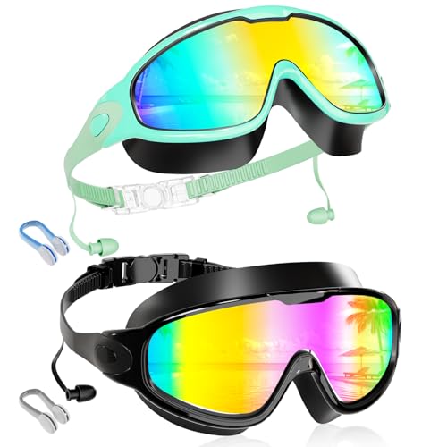 Aegend New Kids 2 Pack Wide View Swim Goggles, Anti-Fog/UV No Leak Goggles with Ear Plugs Kids 3-14 - color: Green Aqua & Bright Rose