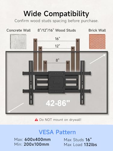 Suptek Full Motion TV Wall Mount for 42 to 86 Inch TV, Swivel and Tilt with Articulating Dual Arms, Max VESA 600X400mm, Holds up to 132lbs, Fits Max 16" Wood Studs, MA01A - size: 42-86"