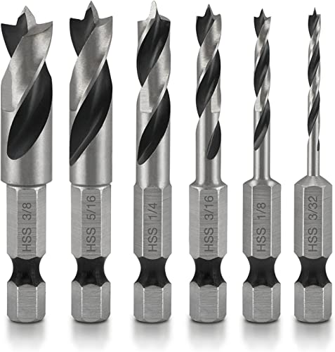 NEIKO 11401A 6 Piece Brad Point Drill Bit Set, Stubby Drill Bit Set for Wood, 1/4" Quick Change Hex Shank, HSS 4241 High Speed Steel for Quick Change Chucks and Drives, Drill Bit Holder Included - size: 6 Piece, style: Stubby