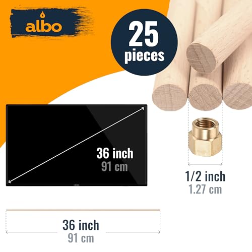 ALBO 1/2" x 36" Wooden Dowel Rods Set - 25 Pack Birch Natural Long Thin Craft Rods Joinery Holders Toys Hardwood Smooth Finish Versatile Bulk Professional Material Furniture DIY Projects - size: 1/2" x 36" 25 Pcs