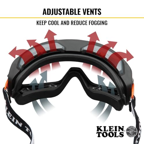 KLEIN TOOLS 60479 Safety Goggles, Clear Lens PPE Eye Protection, Anti-Fog, Scratch-Resistant, UV Protection, Adjustable Vents