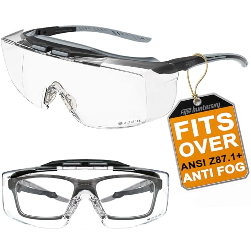 HTS HUNTERSKY ANSI Z87.1+ Anti Fog Fit Over Eyeglasses Safety Glasses Up to 1.88 inch 99.9% UV Protection OTG Lab Goggles - color: 3906c Black-gray / Clear Lens