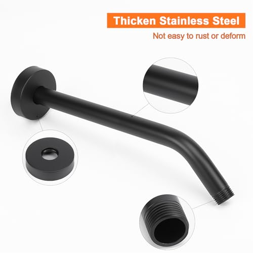 Shower Arm with Flange and Teflon Tape, Wall Mounted Shower Pipe 304 Stainless Steel Extension Arm for Fixed Shower Head & Handheld (12 Inches, Matte Black) - color: Matte Black, style: 12 Inch