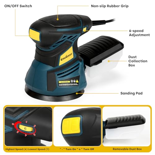 Enventor Orbital Sander with 6 Speeds, Dust Collection, 5 in, 3A Corded - size: 3A