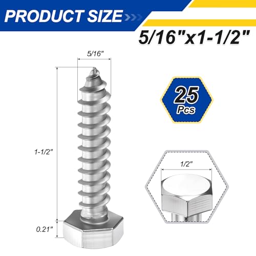 25 Pcs Hex Head Lag Screws 5/16" x1-1/2 SS 18-8 (304) Lag Bolts - color: Silver, size: 5/16"x1-1/2"