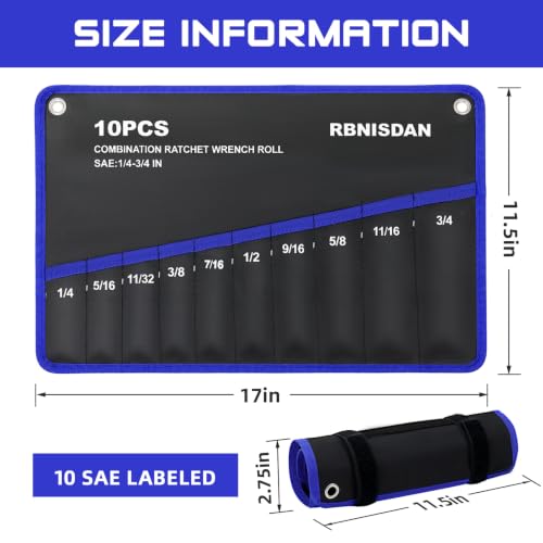 2 Pack Wrench Organizer Roll Up Pouch (10 SAE & 10 Metric Labeled Pockets)