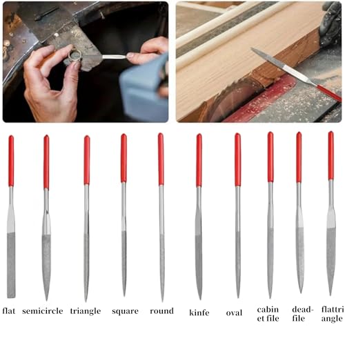 10-Piece Diamond Needle File Set 3x140mm Small Metal Riffler Files Jewelers File Precision Hand Tools for Glass Wood Stone Jewelry - Round Triangular Square Flat Shape