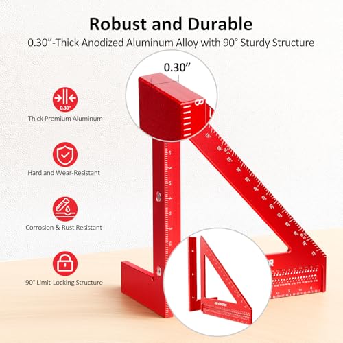 8 inch 3D Multi-Angle Measuring Square Ruler, WT103B High Precision Hole Scribing Woodworking Tools, 0-90° Aluminum Alloy Carpenter Square Wood Working Tools, Carpenter Pencils 6 Refills. - color: 8 inch Square+Pencil, style: Imperial