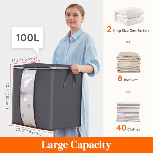 Lifewit 6 Pack 100L Clothes Storage Bins with Lids, Foldable Blanket Storage Bags with Zippers, Clear Window and Reinforced Handles, Closet and Organization for Clothing, Sweater, Comforter, Bedding - size: 100L