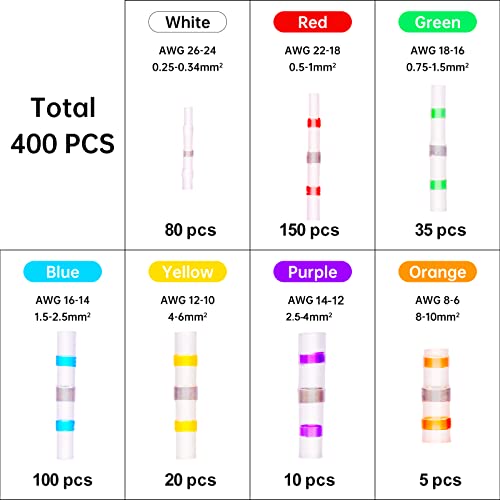 400PCS Solder Seal Wire Connectors, Heat Shrink Butt Connectors Solderstick Solder Stick Waterproof Wire Electrical Connector Kit for Marine Automotive Boat Truck Wire Joint (26-6 Gauge) - size: 400 PCS Solder Sticks Without Heat Gun