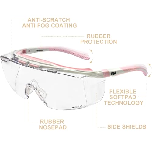 HTS HUNTERSKY ANSI Z87.1+ Anti Fog Fit Over Eyeglasses Safety Glasses Up to 1.88 inch 99.9% UV Protection OTG Lab Goggles - color: 3906c White-pink / Clear Lens
