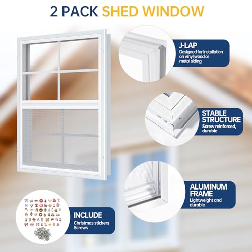 2 Pack 18 x 23 Shed Windows with White Frame, Flush Mount Small Window with PC Screen for Shed for Shed, Chicken Coop, Household, Playhouse, Garage