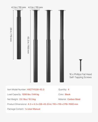VEVOR Adjustable Table Legs, 28-43.3 in Steel Furniture Legs, 1200 lbs Max Load Heavy Duty, Quick Installation, Ideal for Home Office Desk DIY, Coffee Dinner Bar Tables, Workbenches, Set of 4, Black - size: 4.3 x 4.3 x (28-43.3) in