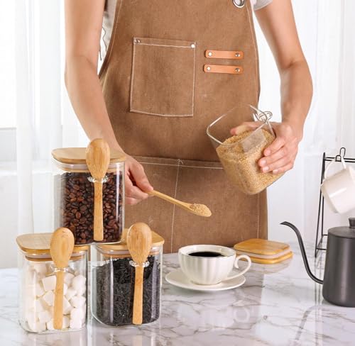 ComSaf Glass Container with Spoon & Lid 0.8 Qt, 4 Pack Glass jar with spoon | Coffee and Sugar Container Set, Coffee Bar, Salt Jar, Bamboo Lid with Silicone Seal, Spice, Seasoning Canister, BPA Free - size: 0.8Qt*4