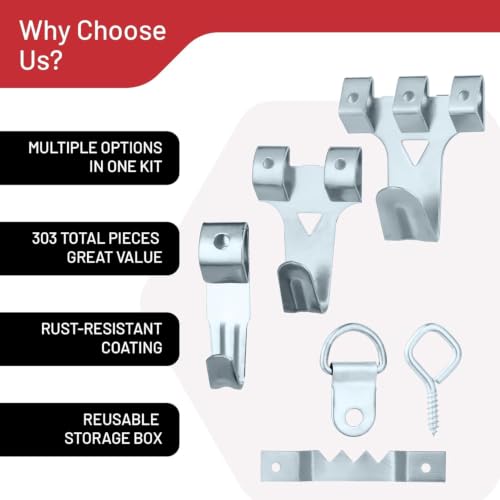 CrimsonMark 303-Piece Picture Hanging Assortment with Heavy Duty Hooks | Includes Nails, Sawtooth, D-Rings, Wire, Level & Metal Wall Hooks for Picture Framing and Canvas Mounting in Silver. - size: Silver
