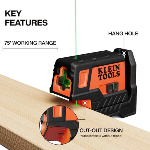 Klein Tools 93MCLPG Compact Self-Leveling Laser Level with Plumb Spot, Bright Green Cross Line, 75-Foot Range, Laser Class 2, Power Output <1mW, Magnetic Mount - style: Cross-Line