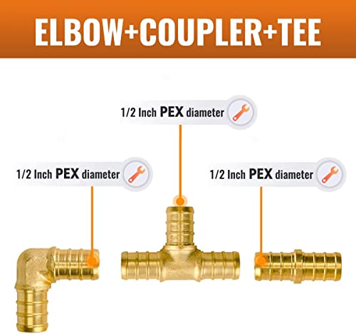 SUNGATOR 30-Pack 1/2 Inch PEX Fittings Kit, 10 Each Elbow Tee Coupling - size: 1/2", 30 Pack