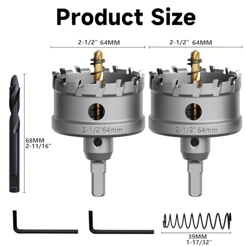 Metal Hole Saw 2-1/2''(64mm) 2Pcs Set Heavy Duty Tungsten Carbide Tipped Hole Cutters Set with a nitrided Step Drill and L-flench, for Steel Iron,Aluminum,Stainless stell,Plastic - size: 1/2''(64mm)-2PCS