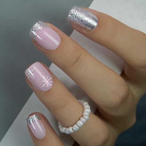 CurvLife Press On Nails Stick On Nails Short Fake Nails Design Acrylic Nails, Glue On Nails For Women Nail Kit (Snowflake flash, Medium) - color: Snowflake flash