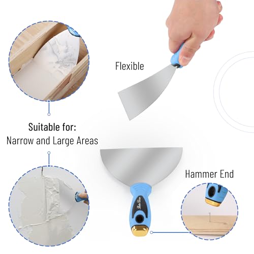 Bates- Drywall Hand Tool Kit, 6pcs, 3" 4" 6" 8" 12", Stainless Steel Drywall Tool with Metal Hammer End, Putty Knife Set, Taping Knives, 12.5" Mud Pan for Joint Taping, Finishing and Patching - color: Blue