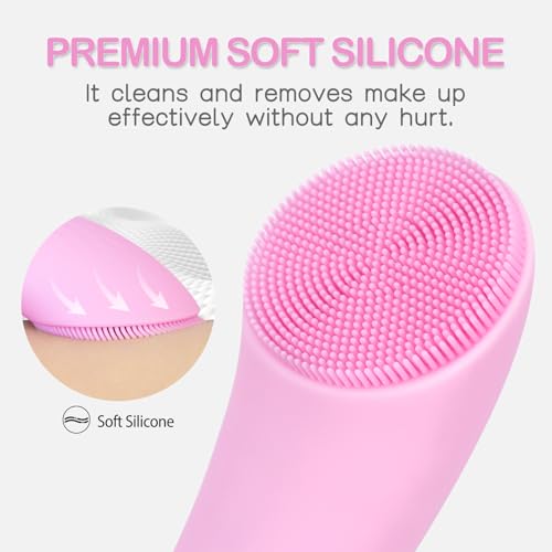 PRITECH Facial Cleansing Brush, Rechargeable Silicone Face Scrubber with Heat Massage End, Vibrating Exfoliator Scrubber for Deep Cleaning, Waterproof Face Brush for Women and Men (Pink) - color: Pink