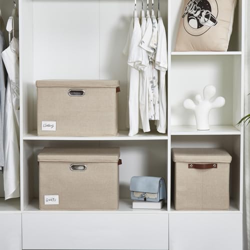 15" Fabric Storage Box with Lids, 3-Pack, Khaki - color: khaki, size: Medium-15"