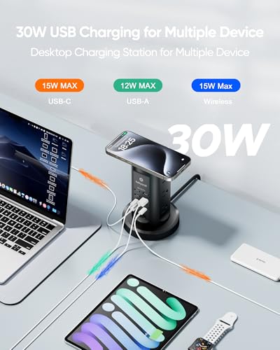 Kakyanill 30W USB Charging Station, Power Strip Tower with 9 AC 8 USB - color: Black&Grey