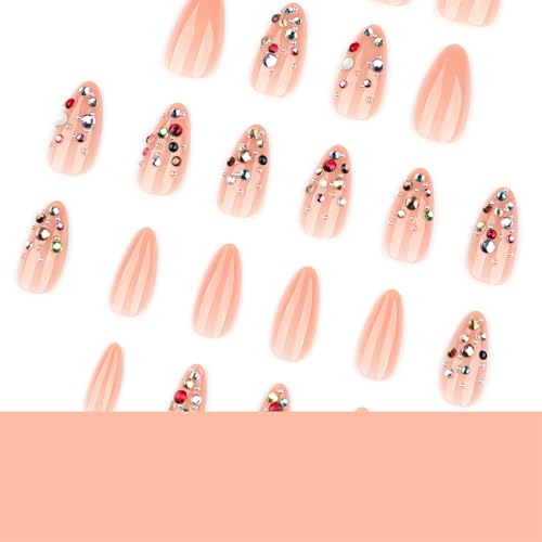Mivota Press On Nails Almond Medium with Rhinestones, Nude Acrylic Fake Nails 24PCS, Glossy Crystal Stick On Nails, Reusable Glue On Nails Kit with Tools, Sparkly Luxury Party Nails for Women - color: 3D-75-Nude