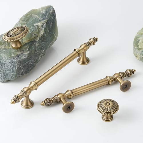 5 Pack | Cabinet Handles | Solid Brass | 4 Inch Hole Center | Brushed Antique Brass |Classic Cabinet Pulls for Furniture Kitchen ＆ Bathroon Fixture - size: 4 Inch Hole Center