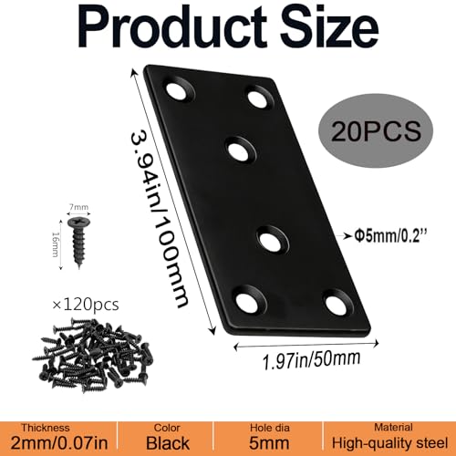 20 Pack 4x2 Inch Black Flat Mending Plates Metal Straight Bracket Brace Stainless Steel Mending Joining Plates with Screws, Heavy Duty Fixing Brackets for Wood Furniture Shelves Repair - size: 4 x 2Inch Black Flat Bracket