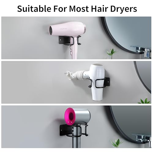 YIGII Universal Hair Dryer Holder, Wall Mounted Adhesive Rack, Black - color: Matte Black