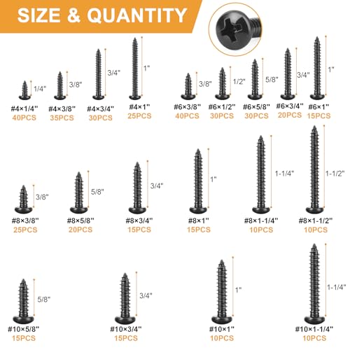 VIGRUE 410Pcs Stainless Steel Black Wood Screws Set #4#6#8#10 Phillips Pan Head Sheet Metal Screws Self Tapping Wood Screws Assortment Kit, Length 1/4" to 1-1/2" - style: 410PCS #4#6#8#10 Stainless Steel Black Pan Head