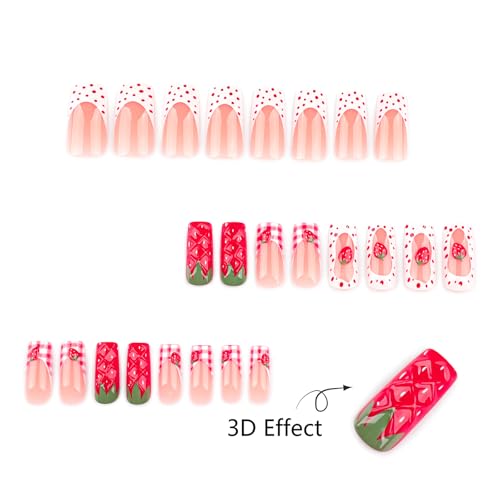 Strawberry Press On Nails Long Square 24pcs, Cute Fruit False Nails with Red Strawberry 3D Design, Pink Gingham French Tips Fake Nails, Glossy Stick On Acrylic Nails Reusable Nail Kit for Women Girls - color: 35-Nude Strawberry
